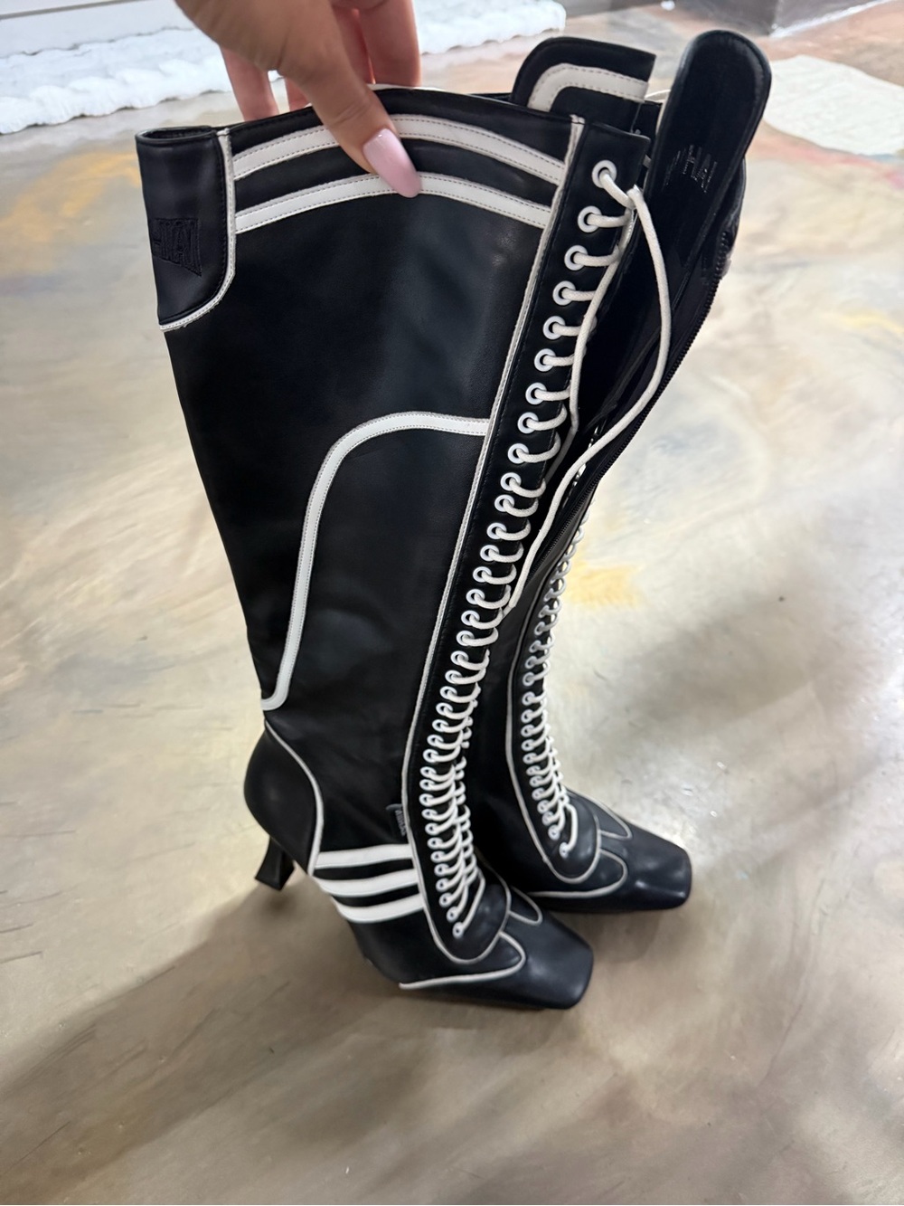 Black and White Lace-Up Knee-High Boots - Women's Fashion Boots